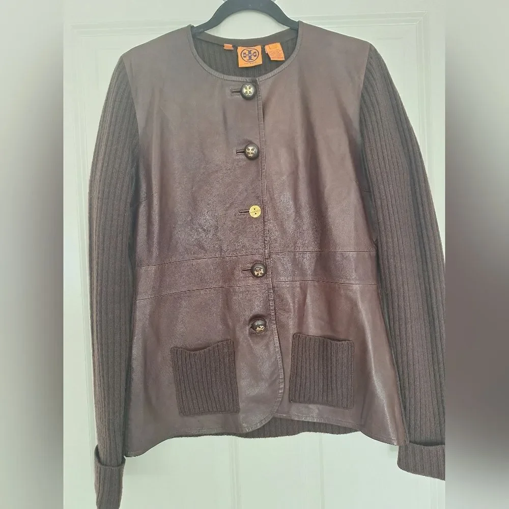 Tory Burch Brown Leather Cachemere Jacket Fitted Desing Size L